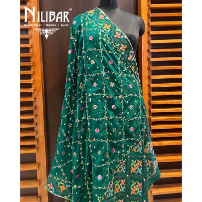Bottle Green Chinon Phulkari Dupatta
