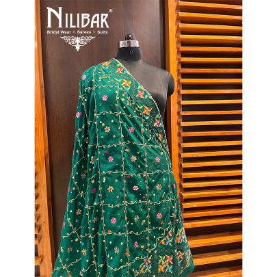 Bottle Green Chinon Phulkari Dupatta