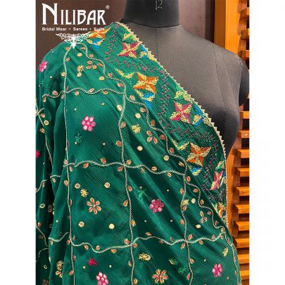 Bottle Green Chinon Phulkari Dupatta