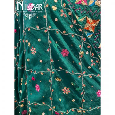 Bottle Green Chinon Phulkari Dupatta