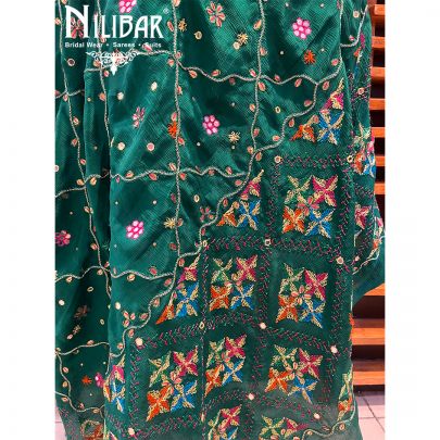 Bottle Green Chinon Phulkari Dupatta