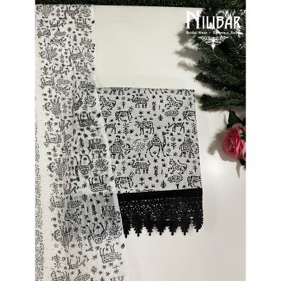 Black and White Cotton Unstitched Suit  