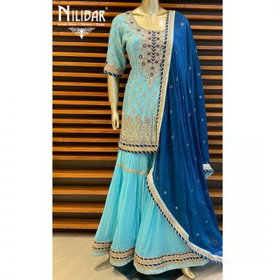 Sky Blue Silk Sharara  Suit