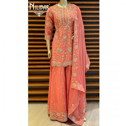 Watermelon Pink Silk Panelled Palazzo Suit
