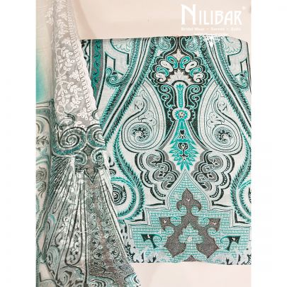 White and Turquoise Cotton Unstitched Suit