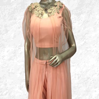 Peach Short Anarkali with Red Flowers