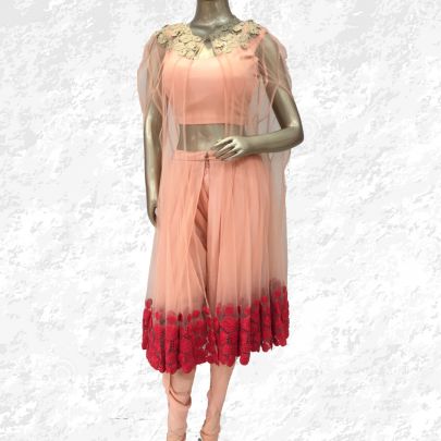 Peach Short Anarkali with Red Flowers