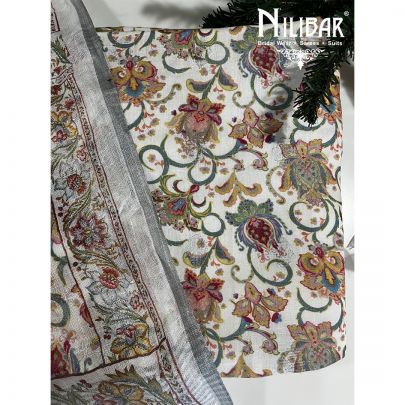 White and Multicolor Linen Unstitched Suit