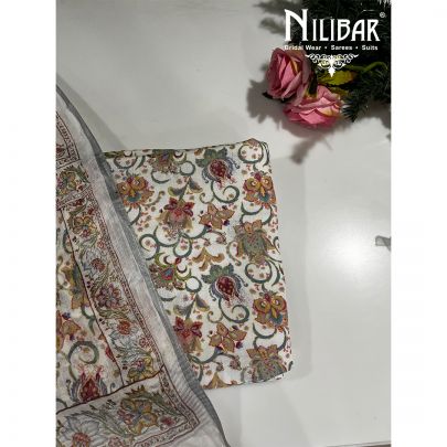 White and Multicolor Linen Unstitched Suit