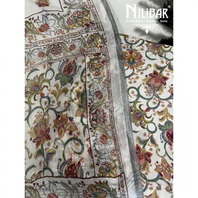 White and Multicolor Linen Unstitched Suit