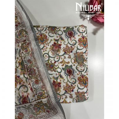 White and Multicolor Linen Unstitched Suit