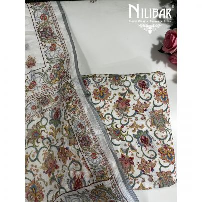 White and Multicolor Linen Unstitched Suit