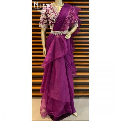 Wine Organza Draped Saree