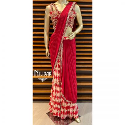 Red Net Draped Saree