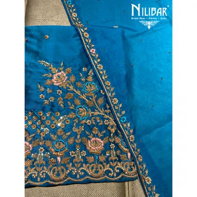 Peacock Blue Silk and Chinon Unstitched Suit