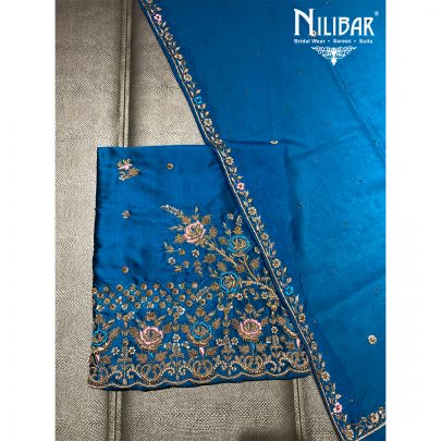 Peacock Blue Silk and Chinon Unstitched Suit