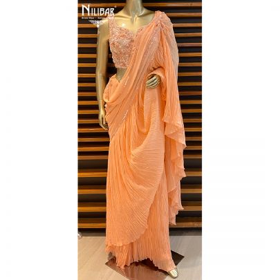 Salmon Pink Georgette Draped Saree