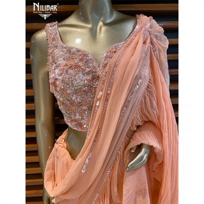 Salmon Pink Georgette Draped Saree
