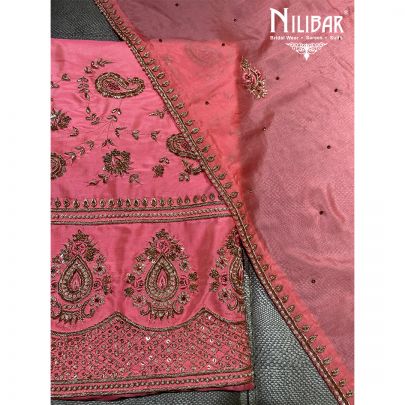 Peach Silk and Chinon Unstitched Suit 