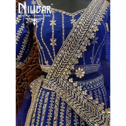 Cobalt Silk and Net Lehenga