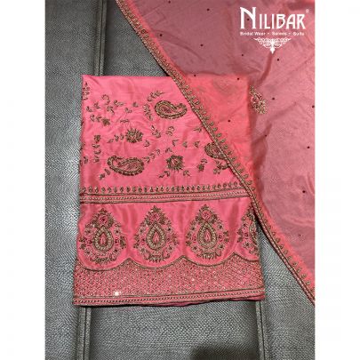 Peach Silk and Chinon Unstitched Suit 