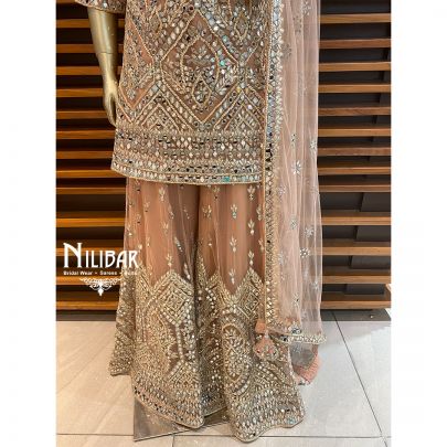 Salmon Peach Net Palazzo Suit