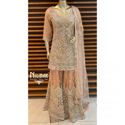 Salmon Peach Net Palazzo Suit