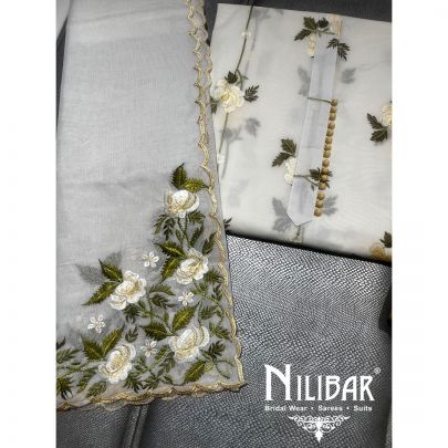 White and Yellow Cotton Unstitched Suit