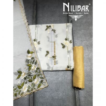 White and Yellow Cotton Unstitched Suit