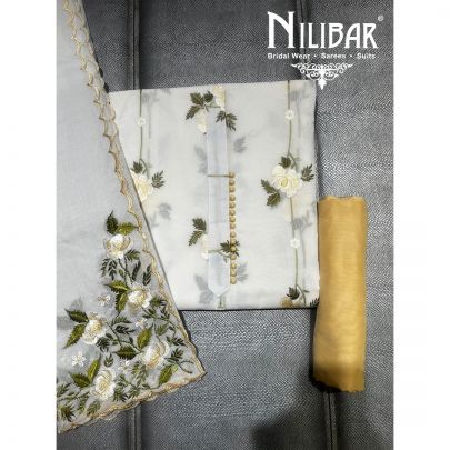 White and Yellow Cotton Unstitched Suit