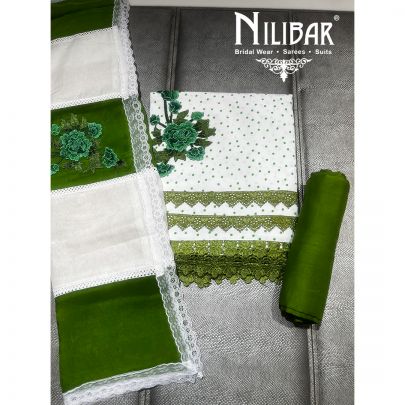 White and Bottle Green Cotton Unstitched Suit 