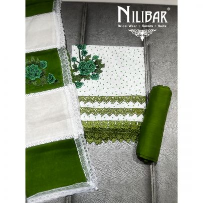 White and Bottle Green Cotton Unstitched Suit 