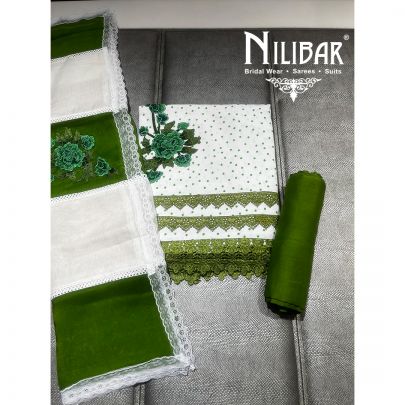 White and Bottle Green Cotton Unstitched Suit 
