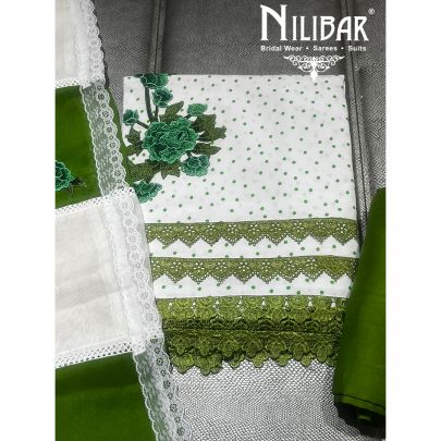 White and Bottle Green Cotton Unstitched Suit 