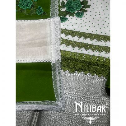 White and Bottle Green Cotton Unstitched Suit 