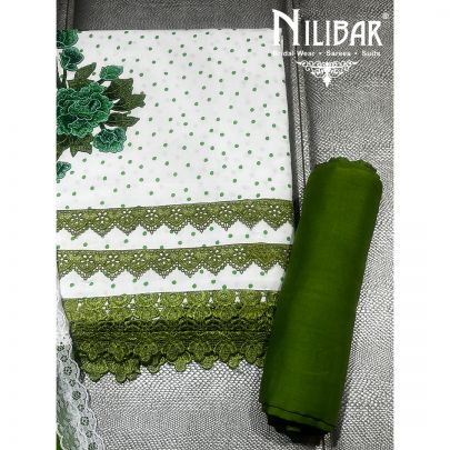 White and Bottle Green Cotton Unstitched Suit 
