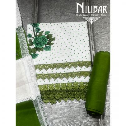 White and Bottle Green Cotton Unstitched Suit 