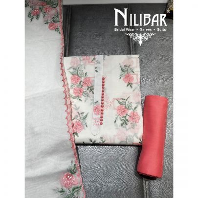 White and Peach Cotton Unstitched Suit