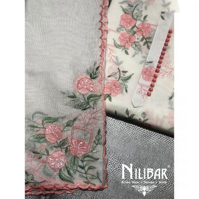 White and Peach Cotton Unstitched Suit