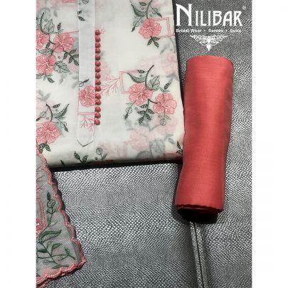 White and Peach Cotton Unstitched Suit