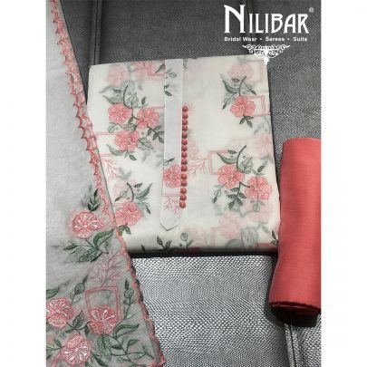 White and Peach Cotton Unstitched Suit