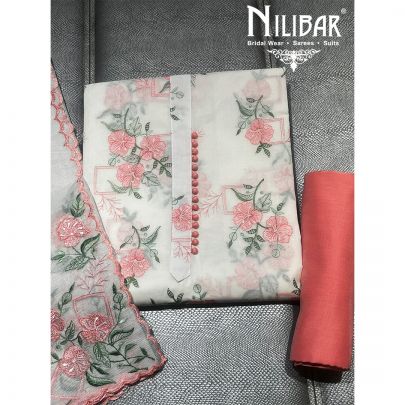 White and Peach Cotton Unstitched Suit
