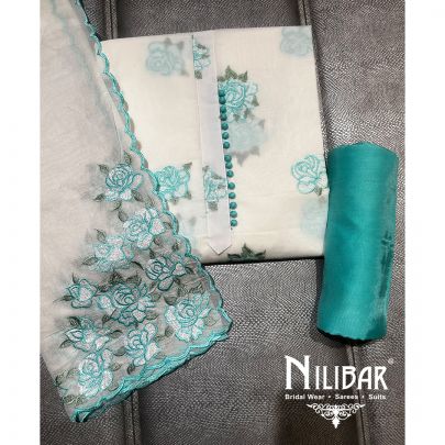 White and Turquoise Cotton Unstitched Suit 