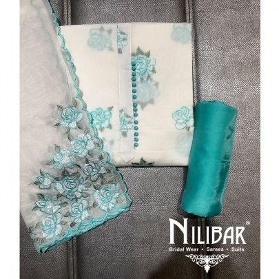 White and Turquoise Cotton Unstitched Suit 