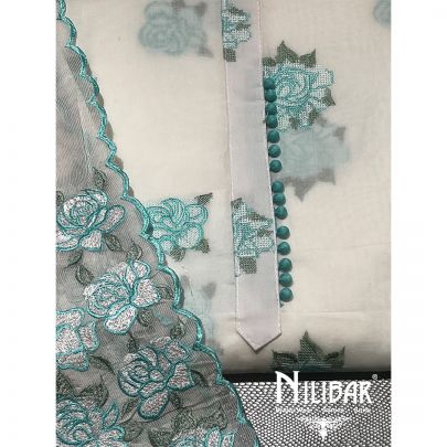 White and Turquoise Cotton Unstitched Suit 
