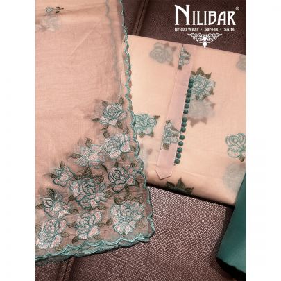 White and Turquoise Cotton Unstitched Suit 