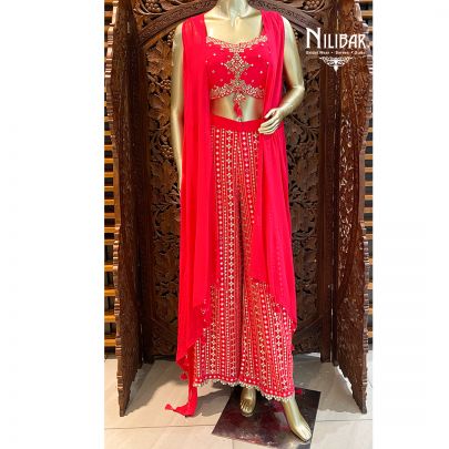 Neon Pink Georgette and Silk Jacket Style Suit