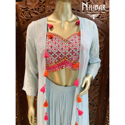 Baby Blue Georgette and Silk jacket style suit