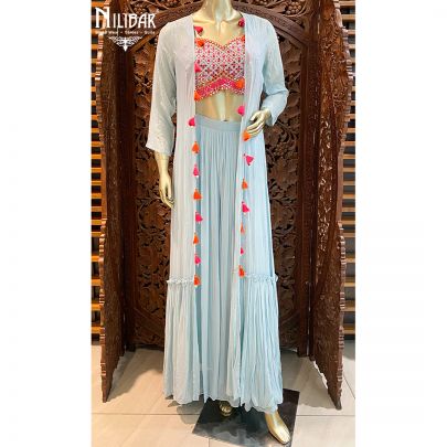 Baby Blue Georgette and Silk jacket style suit