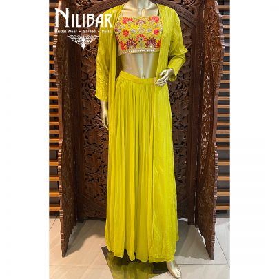 Apple Green Georgette and Silk Jacket Style Suit